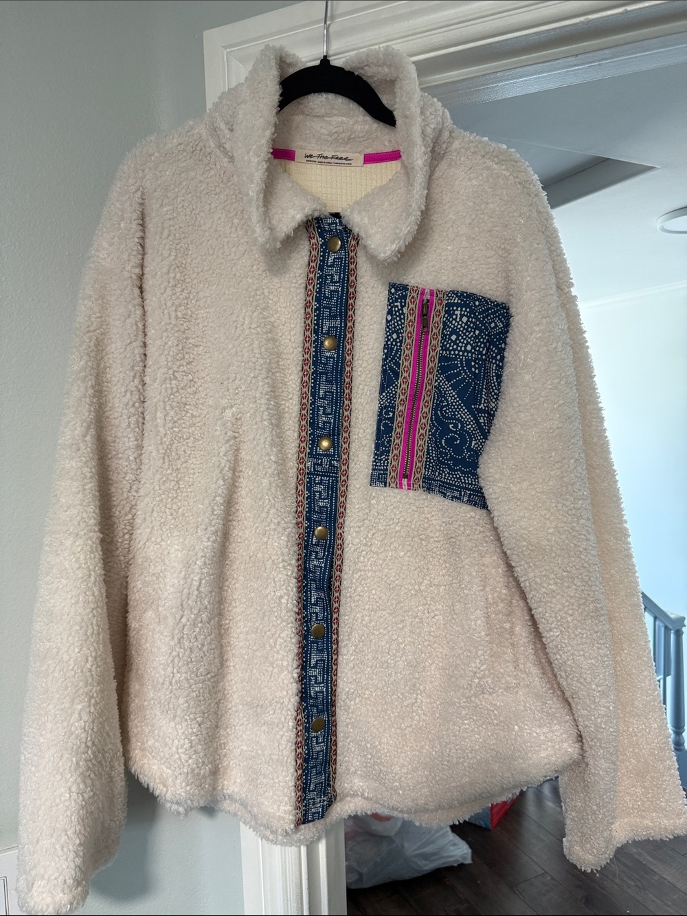 We The Free Cozy Cream Sherpa Jacket with Blue Patterned Trim